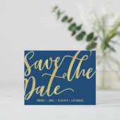 CHIC GOLD SCRIPT SAVE THE DATE AANKONDIGING BLAUW (Staand voorkant)