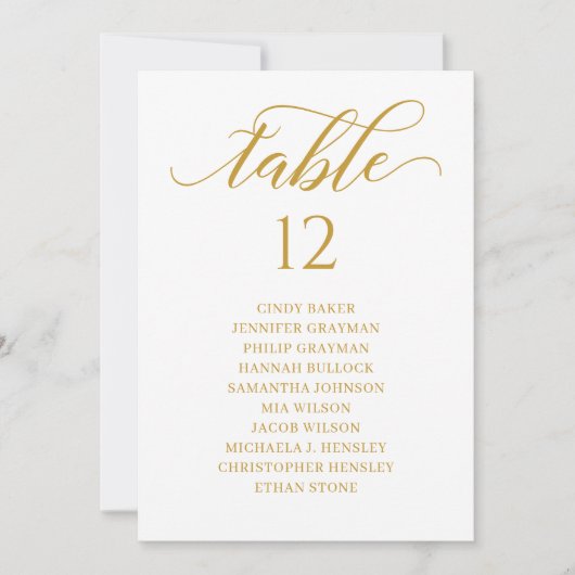 Chic Gold Script Table Number Seating Chart Kaart (Voorkant)