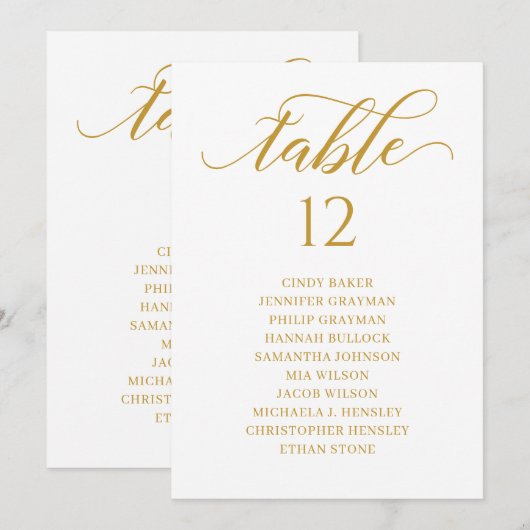 Chic Gold Script Table Number Seating Chart Kaart (Voorkant / Achterkant)