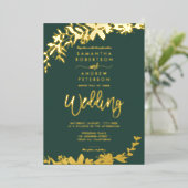 Chic Gold script typografie Floral green bruiloft Folie Uitnodiging (Staand Voorkant)