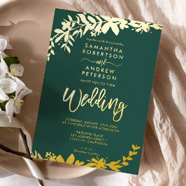 Chic Gold script typografie Floral green bruiloft Folie Uitnodiging