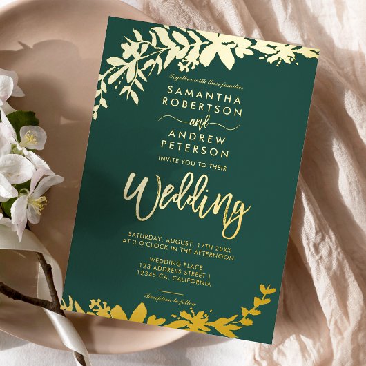 Chic Gold script typografie Floral green bruiloft Folie Uitnodiging