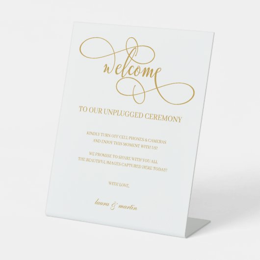 Chic Gold Script Unplugged Ceremony Reclamebord Met Voetstuk (Voorkant)