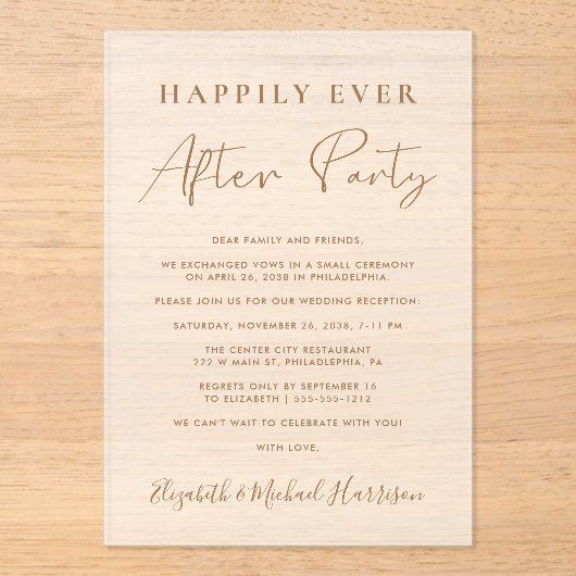 Chic Gold Script Wedding Receptie Frosted Acryl Uitnodigingen (Voorkant)