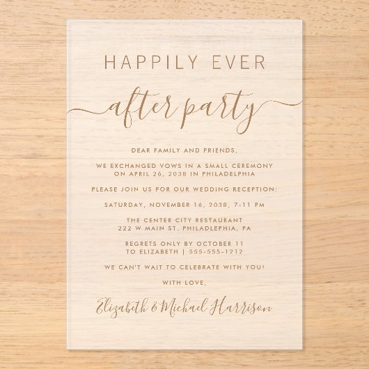 Chic Gold Script Wedding Receptie Frosted Acryl Uitnodigingen (Voorkant)