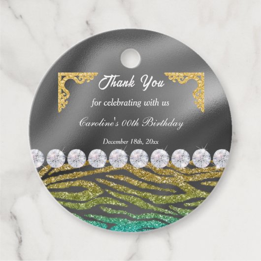 Chic Gold Silver Folie & Blauwgroen Zebra Print Bedankjes Labels (Voorkant)