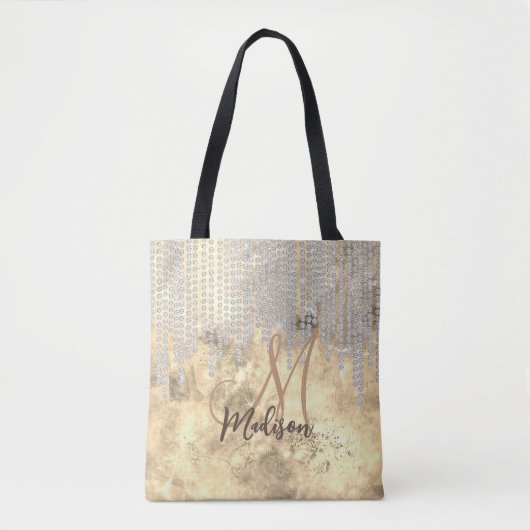 Chic Gold Silver Rhinestone druipt monogram Tote Bag (Voorkant)