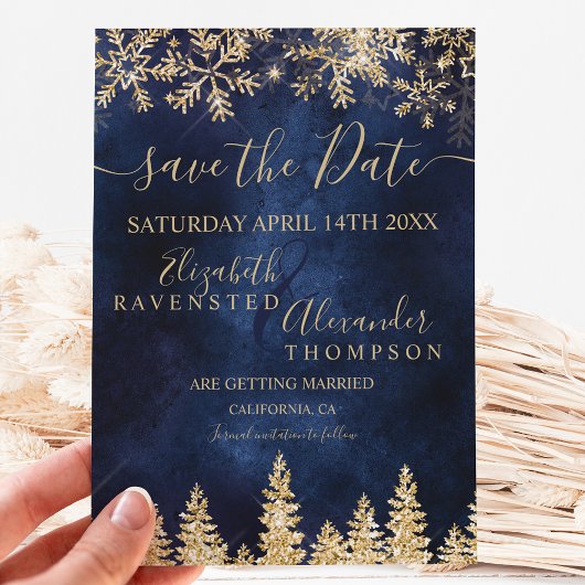 Chic gold snow pine marine kerst bewaarde datum save the date