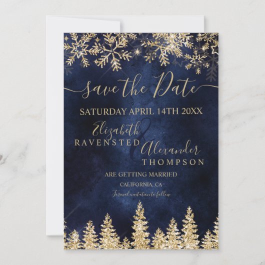 Chic gold snow pine marine kerst bewaarde datum save the date (Voorkant)