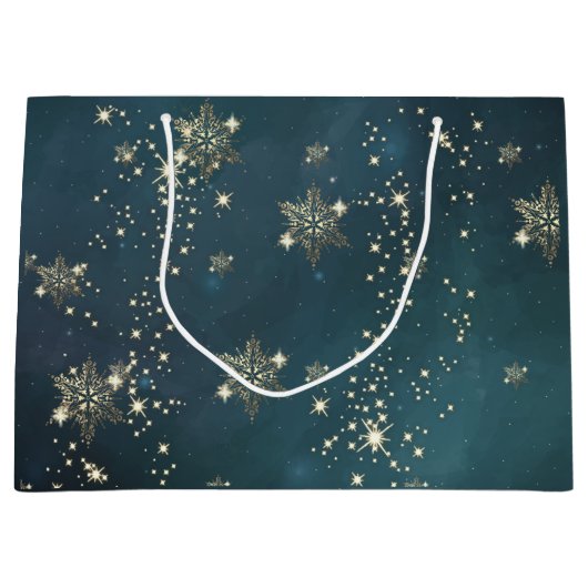 Chic Gold Snowflakes Green Groot Cadeauzakje (Voorkant)
