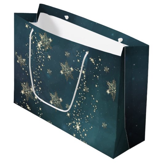 Chic Gold Snowflakes Green Groot Cadeauzakje (Voorkant Gekanteld)