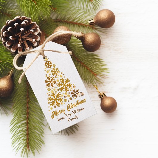 Chic Gold Snowflakes Kerstboom gepersonaliseerd Cadeaulabel