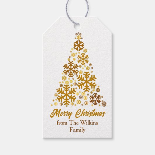 Chic Gold Snowflakes Kerstboom gepersonaliseerd Cadeaulabel (Voorkant)