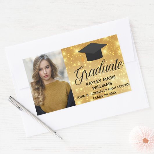 Chic Gold Sparkle Afstuderen Foto Aangepast Rechthoekige Sticker (Envelop)