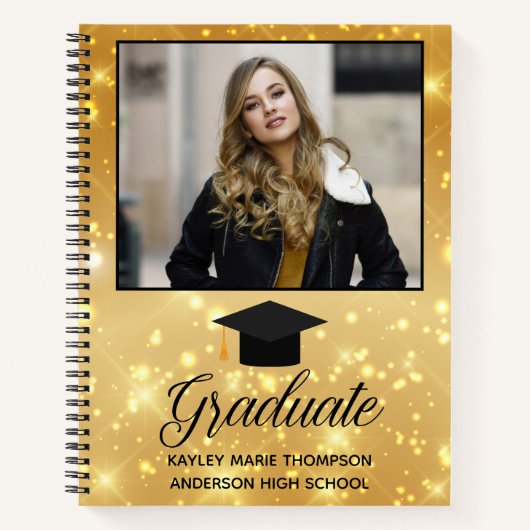 Chic Gold Sparkle Afstuderen Foto Afstuderen Notitieboek (Voorkant)