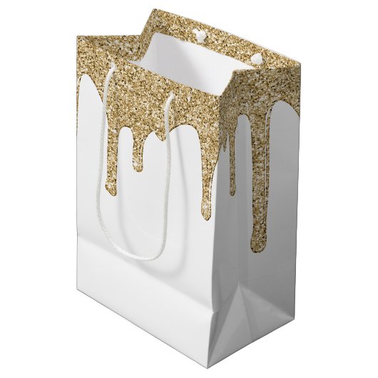 Chic Gold Sparkle Glitter Drips Medium Cadeauzakje (Voorkant Gekanteld)