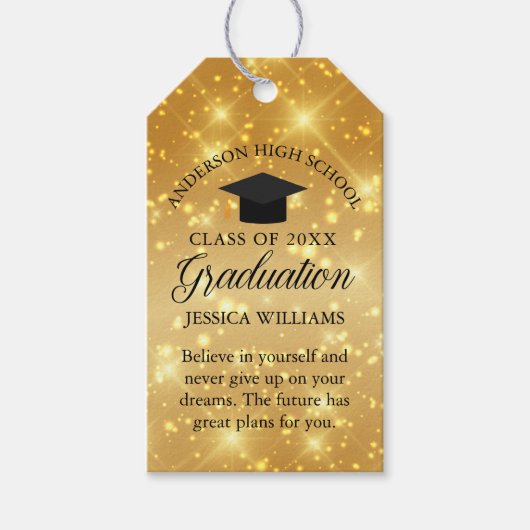 Chic Gold Sparkle Graduation Party Aangepast Cadeaulabel (Voorkant)