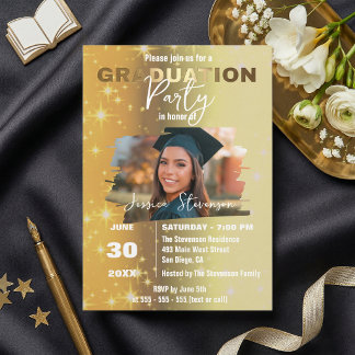 Chic Gold Sparkly Metallic Photo Graduation Party Kaart