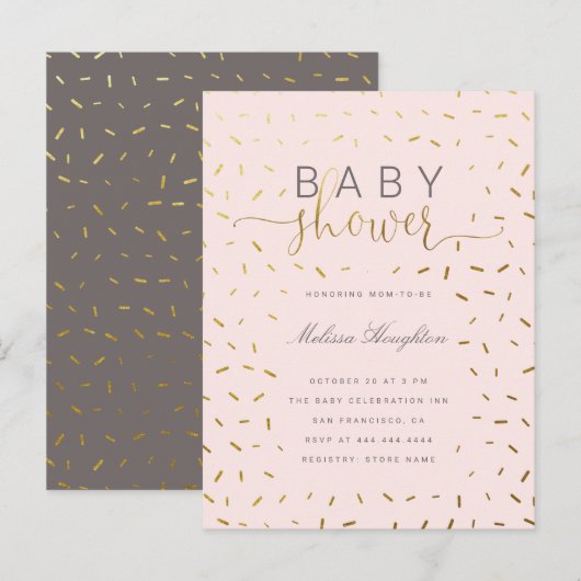 Chic Gold Sprinkle Confetti & Roze Baby shower Uitnodiging Briefkaart (Voorkant / Achterkant)