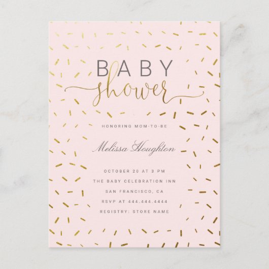 Chic Gold Sprinkle Confetti & Roze Baby shower Uitnodiging Briefkaart (Voorkant)