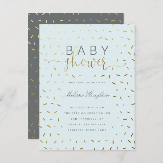 Chic Gold Sprinkle Confetti Script Baby shower Uitnodiging Briefkaart (Voorkant / Achterkant)