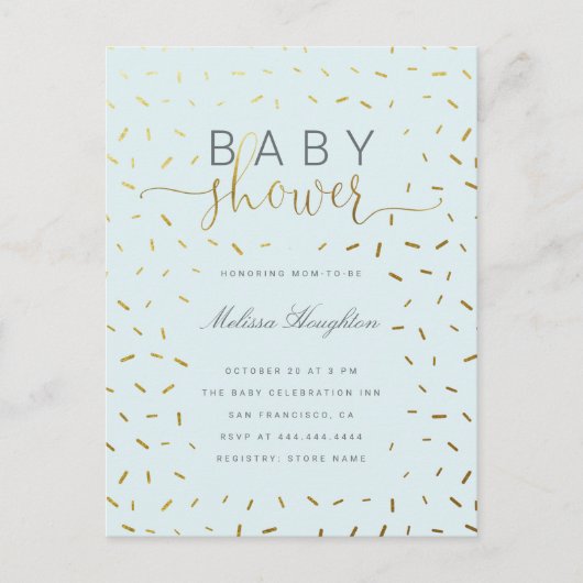 Chic Gold Sprinkle Confetti Script Baby shower Uitnodiging Briefkaart (Voorkant)