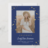 Chic Gold Stars Blauwe Foto Afstuderen Aankondigin Kaart (Voorkant)
