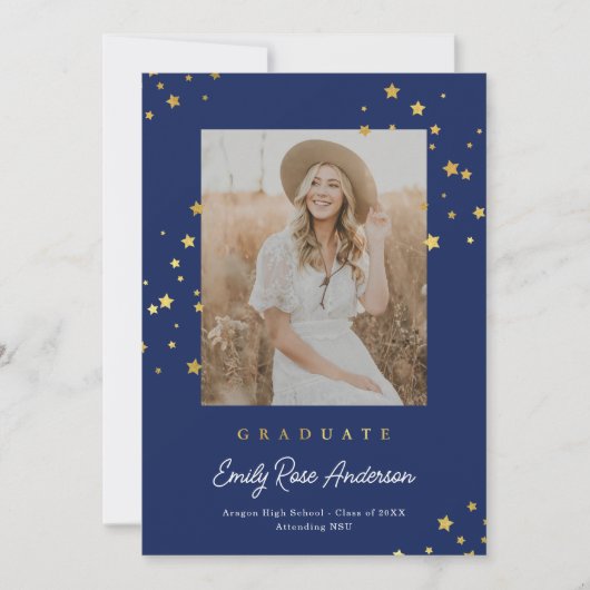 Chic Gold Stars Blauwe Foto Afstuderen Aankondigin Kaart (Voorkant)