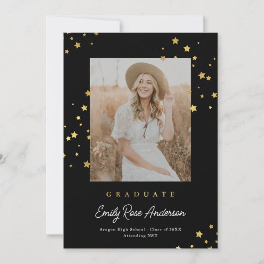 Chic Gold Stars BLK Photo Afstuderen aangekondigd Kaart (Voorkant)