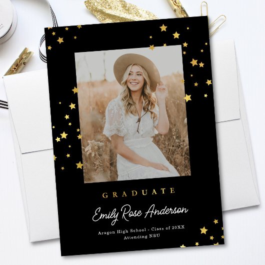 Chic Gold Stars BLK Photo Afstuderen aangekondigd Kaart