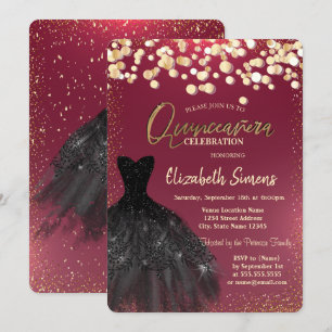 Chic Gold Stippen, Black Dress Burgundy Quinceañer Kaart