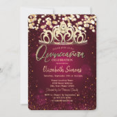 Chic Gold Stippen, Tiara Burgundy Quinceañera Kaart (Voorkant)