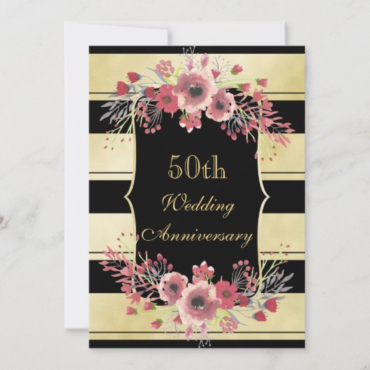 Chic Gold Stripes Floral Waterverf 50th Wedding Kaart (Voorkant)
