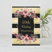 Chic Gold Stripes Floral Waterverf 50th Wedding Kaart (Staand voorkant)