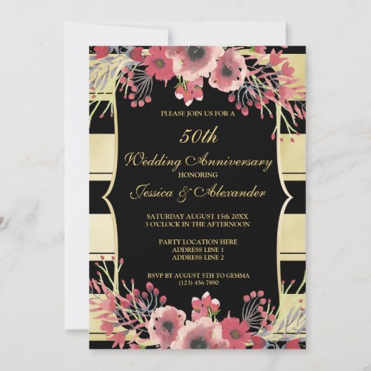 Chic Gold Stripes Floral Waterverf 50th Wedding Kaart (Achterkant)