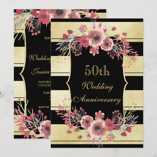 Chic Gold Stripes Floral Waterverf 50th Wedding Kaart (Voorkant / Achterkant)