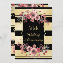 Chic Gold Stripes Floral Waterverf 50th Wedding Kaart
