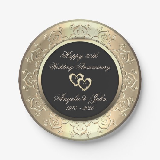 Chic Gold Swirls Hearts 50th Wedding Anniversar Papieren Bordje (Voorkant)