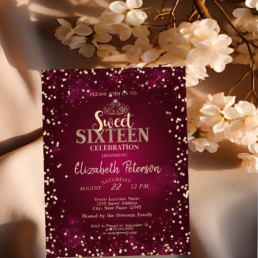 Chic Gold Tiara, Diamonds Burgundy Sweet 16 Party Kaart
