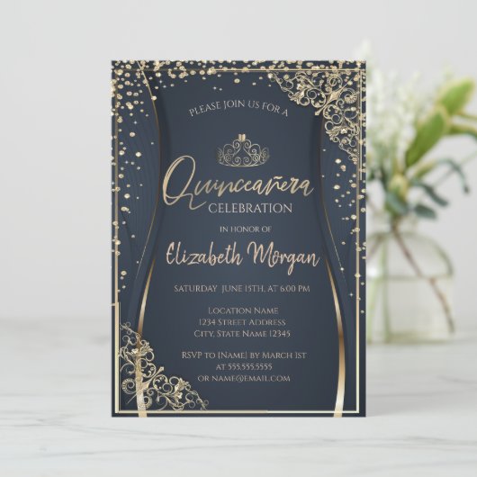 Chic Gold Tiara, Diamonds Quinceañera Kaart (Staand voorkant)