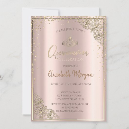 Chic Gold Tiara, Diamonds Roos Gold Quinceañera Kaart (Voorkant)
