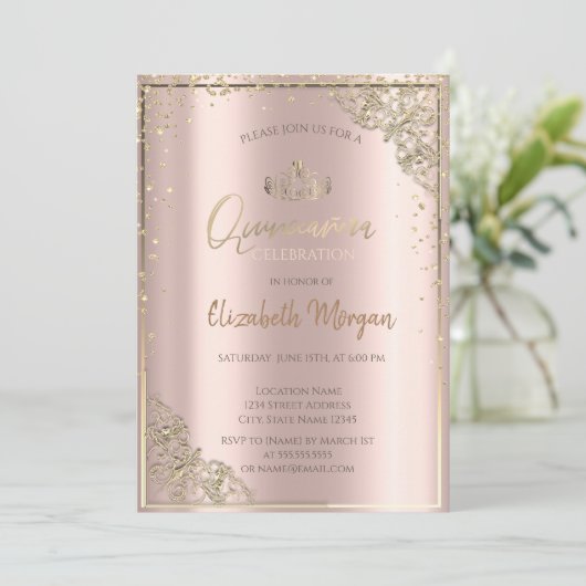 Chic Gold Tiara, Diamonds Roos Gold Quinceañera Kaart (Staand voorkant)