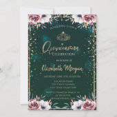 Chic Gold Tiara, Diamonds, Rozen Green Quinceañera Kaart (Voorkant)