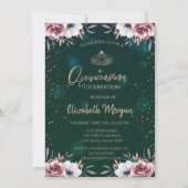 Chic Gold Tiara, Diamonds, Rozen Green Quinceañera Kaart (Voorkant)