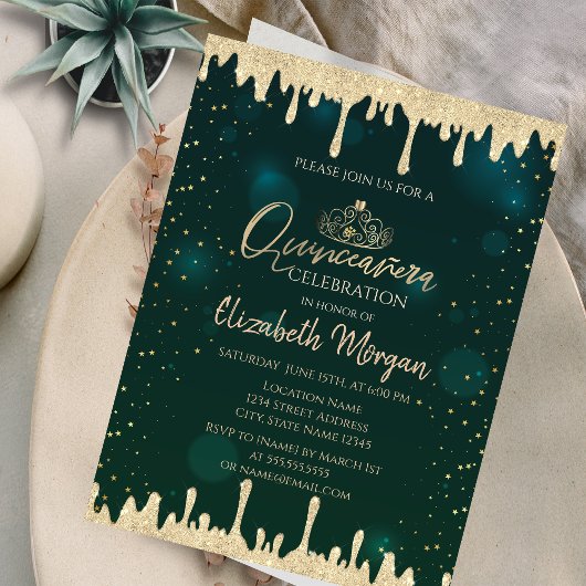 Chic Gold Tiara, Glitter drukt groen Quinceañera o Kaart