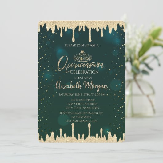 Chic Gold Tiara, Glitter drukt groen Quinceañera o Kaart (Staand voorkant)