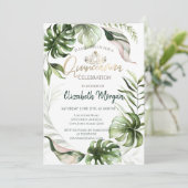 Chic Gold Tiara Tropical Leaves Quinceañera Kaart (Staand voorkant)