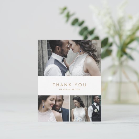 Chic Gold Typografie 3 Foto Collage Bedankkaart (Staand voorkant)