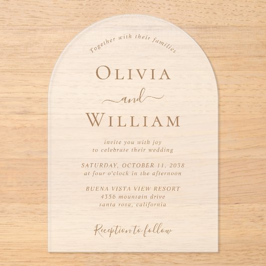 Chic Gold Typografie Wedding Frosted Arch Acryl Uitnodigingen (Voorkant)