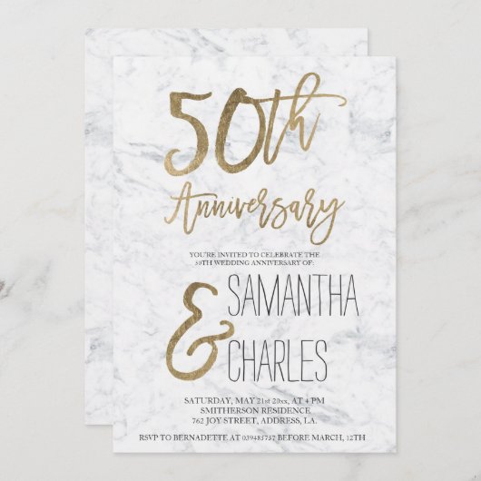 Chic Gold-typografie witte marmer 50e verjaardag Kaart (Voorkant / Achterkant)